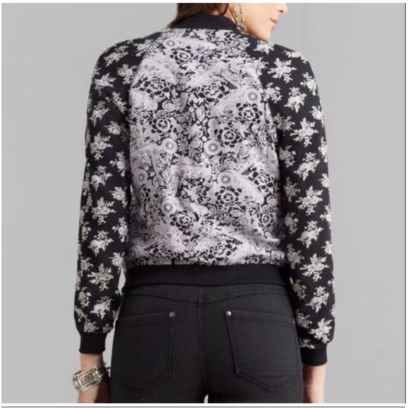 Free People Bomber Jacket Black Purple Floral Snap Close Lightweight Boho Size S - Picture 7 of 12